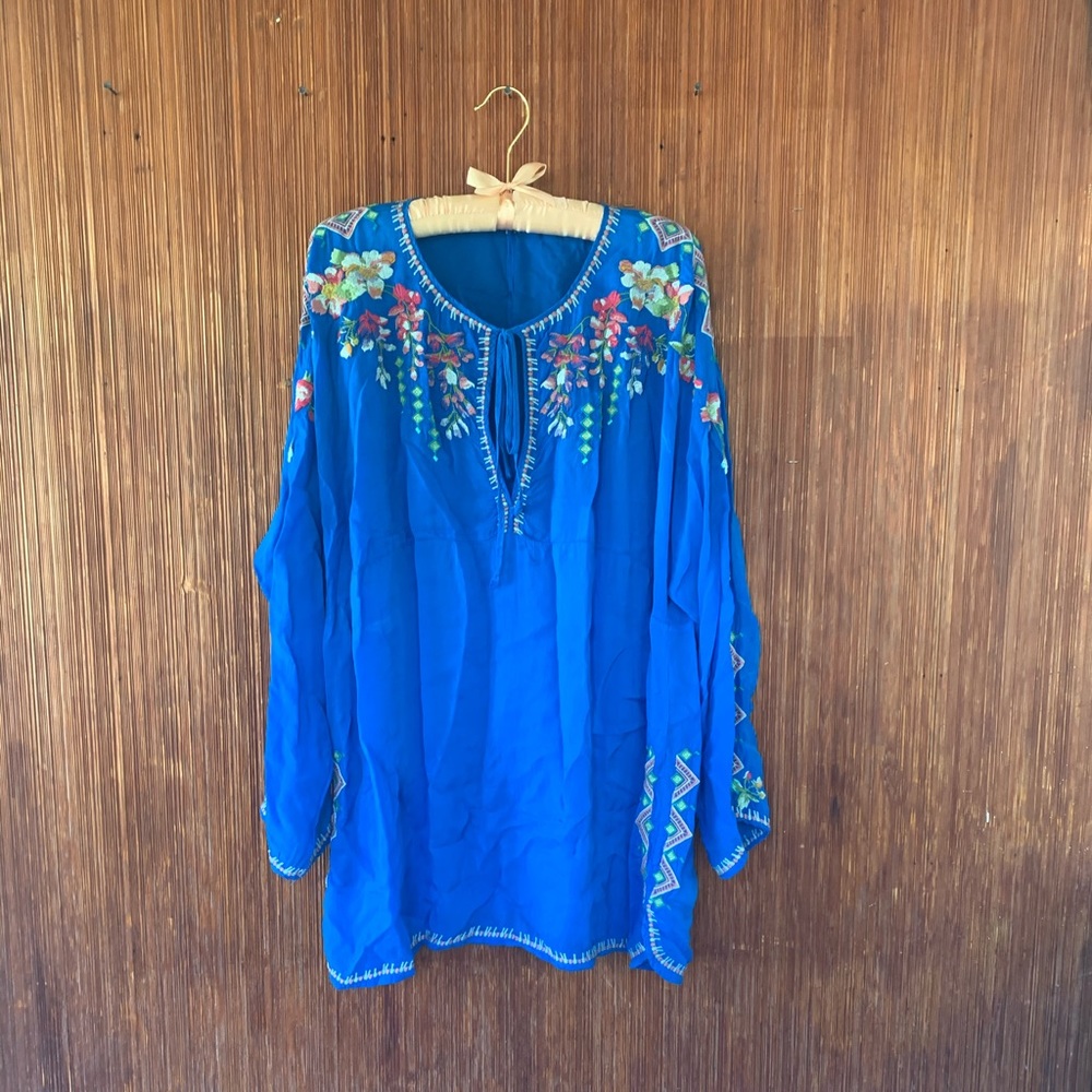 Johnny Was Embroidered  Bright Blue Top